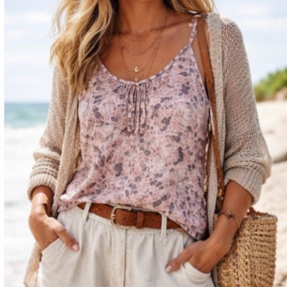 Blue Rain Floral Tank Top Small Boho Flowy Rayon Blouse Pink